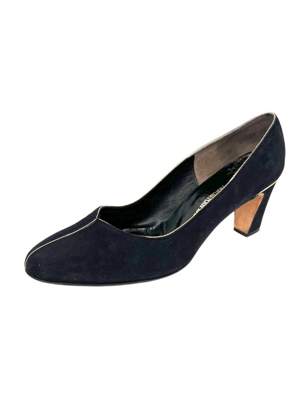 Nordstrom Best Vintage 60s 70s Custom Gold Trim Black Suede Heels Size 7.5 B